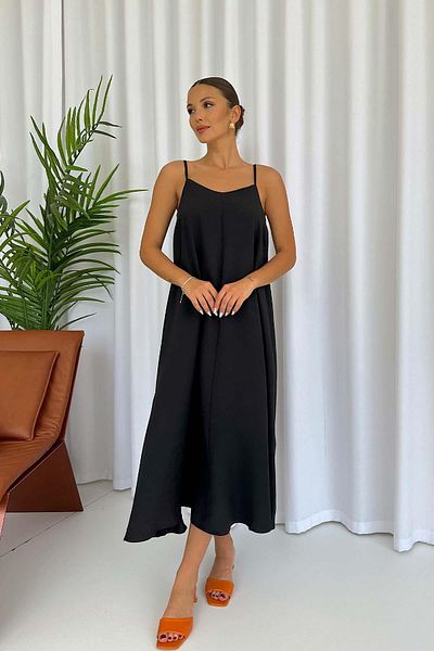 Mine Tan Butik Rochie lungă neagră cu decolteu în V - Bretele subțiri