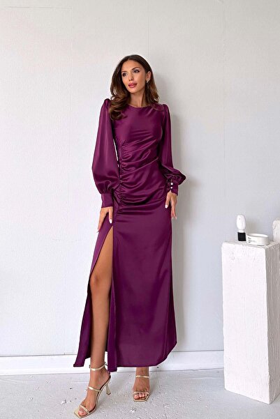 Mine Tan Butik Сатенена рокля - дълги ръкави и набран детайл, слива