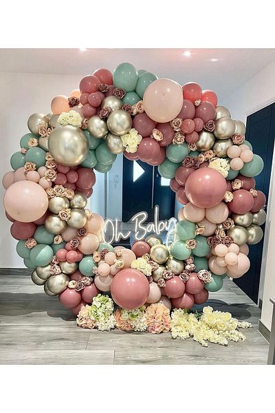eğlencemarketi Chrome White Gold Pastel Rosewood Pink Blush and Winter Green Balloon Chain 100 Pieces