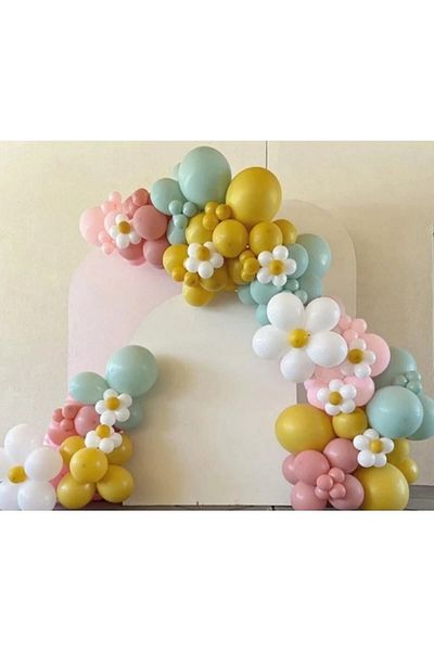 eğlencemarketi Retro Powder Pink and Green Daisy Balloon Chain - 100 Pieces