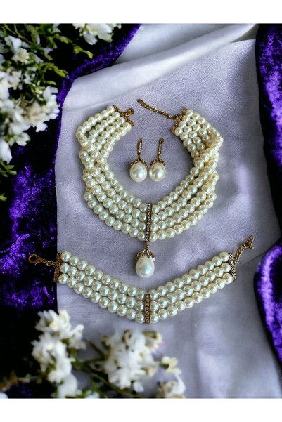FAYRA ACCESSORIES Kristal Taşlı Mayorka İnci Kolye Küpe ve Bileklik Seti