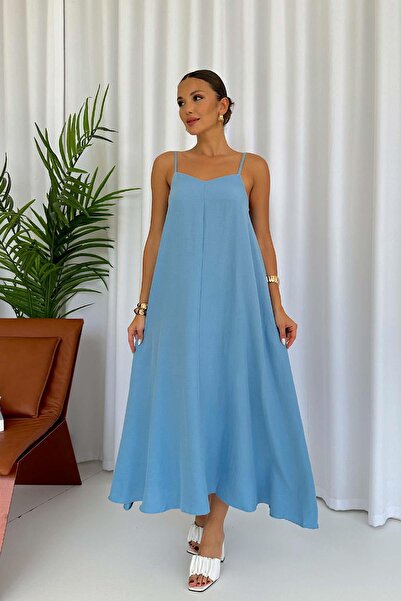 Mine Tan Butik Baby Blue μακρύ φόρεμα με λαιμόκοψη - Λεπτές τιράντες