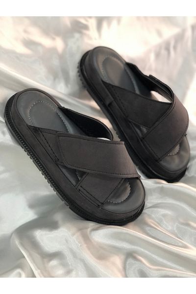 Hg Ayakkabı Rona Anthracite Grey Suede - Πλατφόρμα 4 cm, Velcro Bodrum Slippers