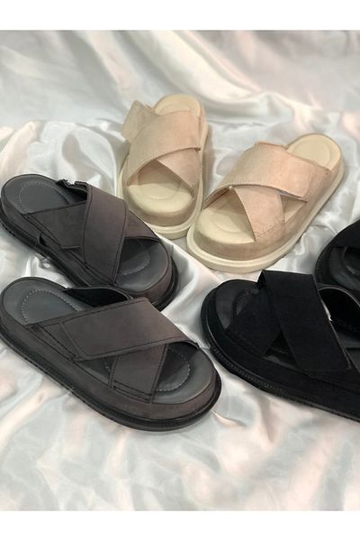 Hg Ayakkabı Rona Anthracite Grey Suede - Πλατφόρμα 4 cm, Velcro Bodrum Slippers