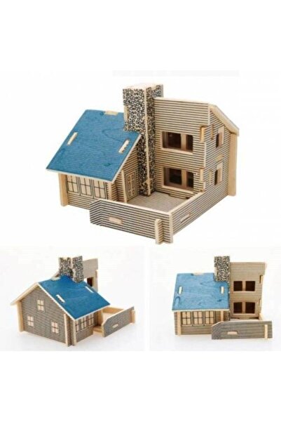 pazariz Pazarız 3d Ahşap Puzzle Yapboz Maket Mavi Ev Boyanabilir
