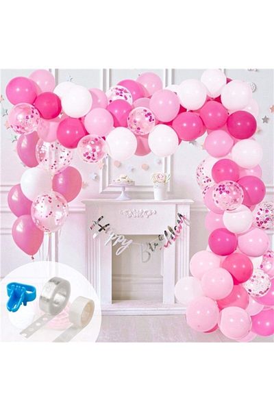 eğlencemarketi Chain Balloon Set Pink - White / 130 Balloons with Confetti