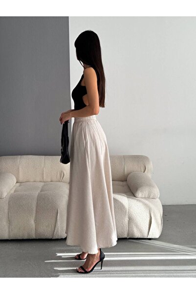 fiolin Γυναικεία Μπεζ λινή φούστα τσέπης