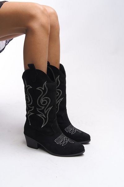 Riccon Dámské westernové boty Beicilia Black Suede - 001288 Vyšívané