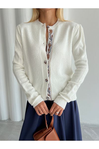 Laluvia Bone Button Patterned Cardigan-Th 231013