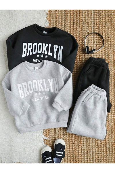 MORNİNG KİDS Pack of 4 Brooklyn Printed Crew Neck Girl-Boy Sweatshirt-Sweatpants Set