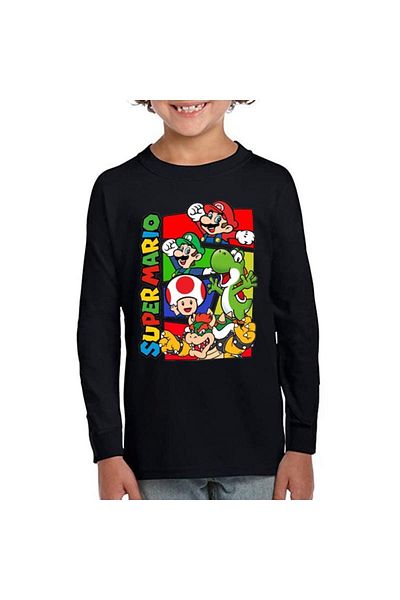 TakeTshirt Черна детска тениска с дълъг ръкав Super Mario - унисекс кройка