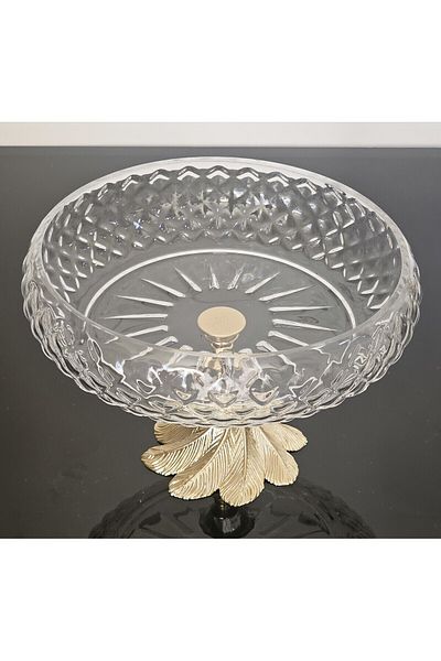 Paşabahçe Lotus Crystal 24 Cm Cut Decor Gold Foot Salad Bowl Glass Presentation Holder (READ THE DESCRIPTION)