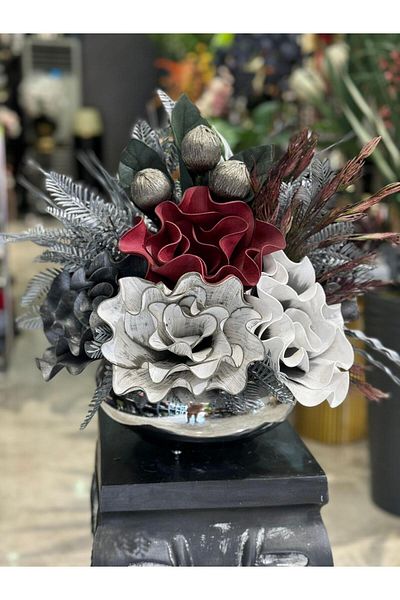 TASARIMHMODA Vază plată argintie - cu aranjament de flori artificiale, nr:20