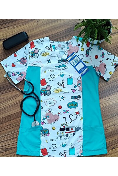 IG Yanları Mint Yeşili Ambulans Desenli Doktor Hemşire Hastane Cerrahi Tek Üs...