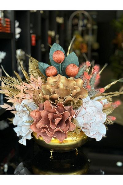 TASARIMHMODA Gold Flat Vase - Artificial Flower Arrangement, No:6
