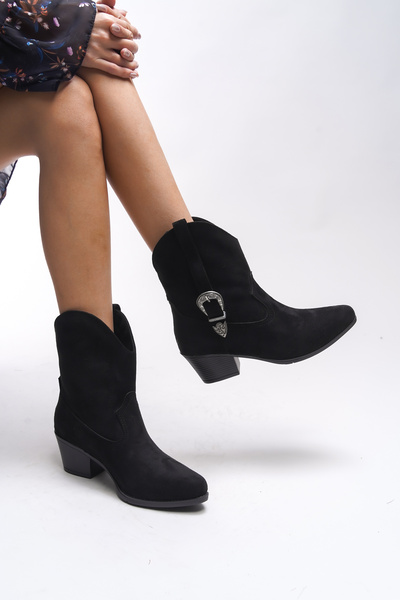 Riccon Deirotia Kadın Tokalı Western Bot 0012711 Siyah Süet