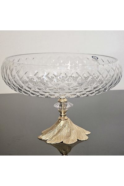 Paşabahçe Lotus Crystal 24 Cm Cut Decor Gold Foot Salad Bowl Glass Presentation Holder (READ THE DESCRIPTION)