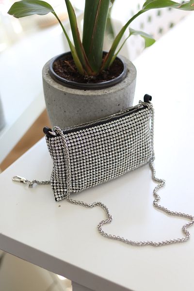 Moom Bag Silver Stone Woven - Geantă de umăr pentru rochie de seară pentru femei cu lanț