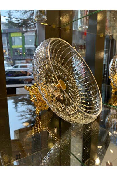 Paşabahçe Lotus Kristal 24 Cm Kesme Dekor Gold Ayak Salata Kasesi Cam Sunumluk- Servis Tabağı
