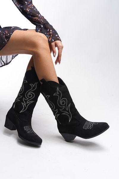 Riccon Dámské westernové boty Beicilia Black Suede - 001288 Vyšívané