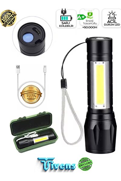 TİVENS Ultra Güçlü 2500 Lumen 5w Cob Led Usb Şarjlı El Feneri Avcılık Feneri Kamp Feneri