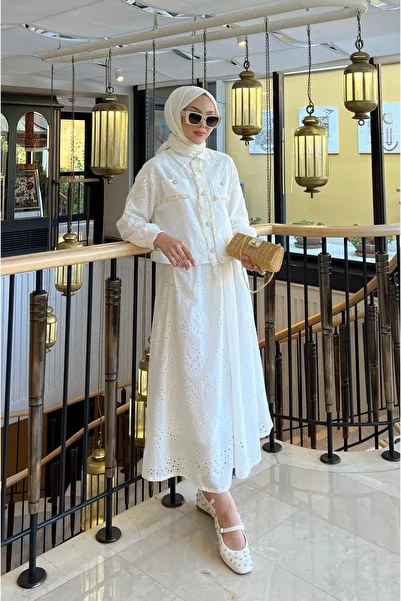 PİNK FLY Embroidery Lace Pearl 2-Piece Hijab Shirt and Skirt Set - White