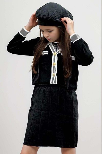 Riccotarz Black Knitwear Skirt Suit for Girl - Stripe and Button Detail