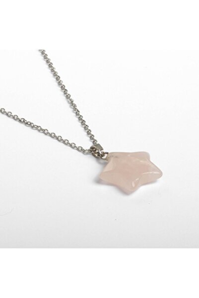 Paleo Pembe Kuvars Taşı Doğal Taş Çelik Kolye, Yıldız Şeklinde