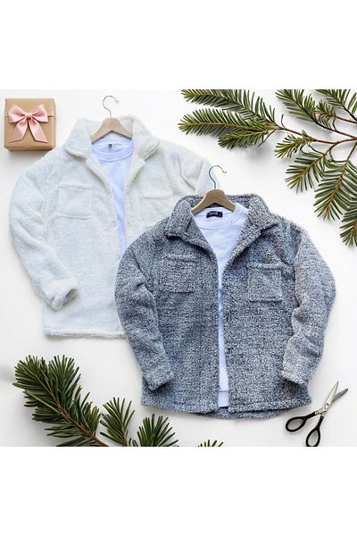 Fifty Color Pack of 2 Unisex White and Gray Plush Fleece Cardigan Shirt