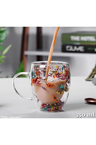 M Mimoza Park 250 ml - Çiçekli Çift Cidarlı Kulplu Şeffaf Espresso Cam Bardak