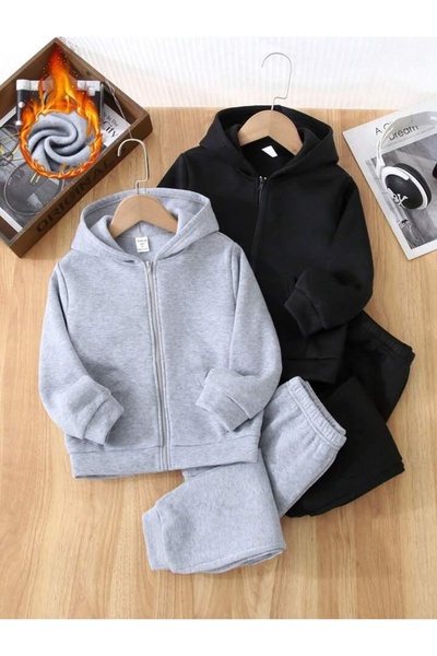 MORNİNG KİDS Boys' and Girls' Grey-Black 4-Piece Zippered Cardigan-Sweatpants Set