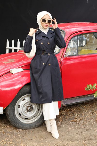 PİNK FLY Navy Blue Women's Hijab Trench Coat - Double Breasted Collar, Lined