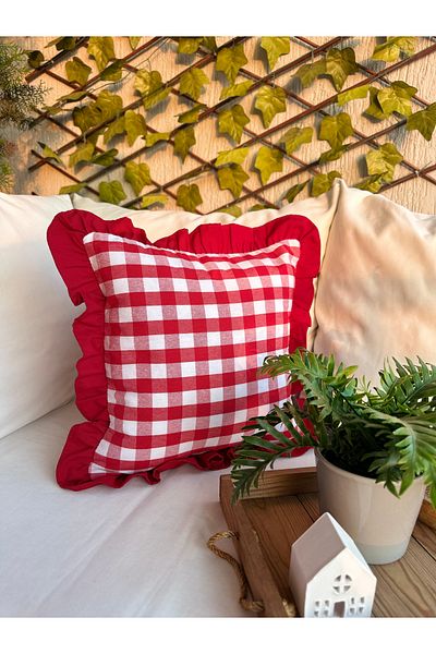Decamor home Red Linen Gingham Vintage Frilly Throw Pillow Cover