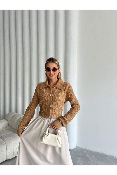 Laluvia Camel Diamond Buttoned Stone Cardigan-th 241051