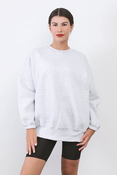 GİYSA Дамски суитшърт Oversize - Меланж, Обло деколте, Оребрен и еластичен ръкав, Памучна смес - 2573