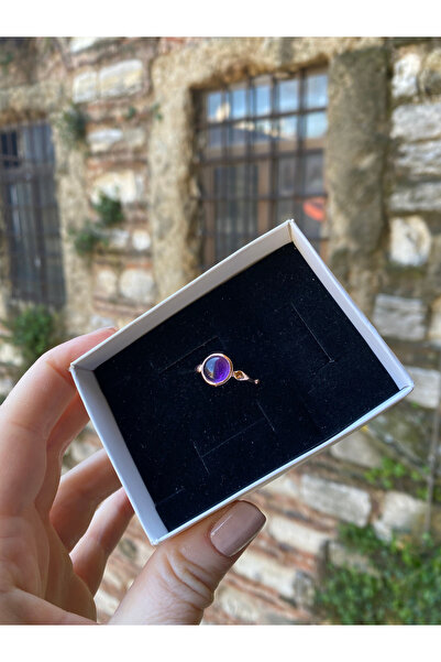 By Atölye Doğal Ametist Taşlı Yuvarlak Gümüş Yüzük