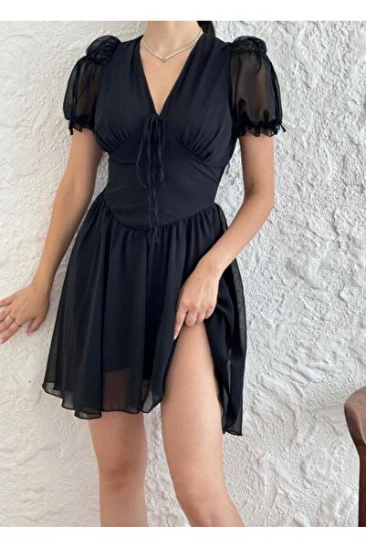 MOVELLA FASHİON BAĞLAMA DETAY ŞİFON SİYAH YENİ SEZON ELBİSE