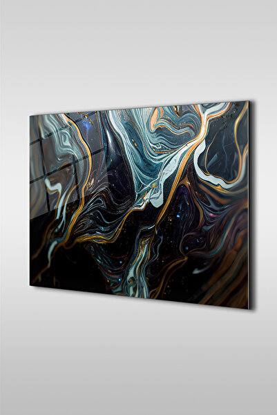 Genel Markalar Petrol Mavisi Soyut Ebru Desen Yatay Cam Tablo