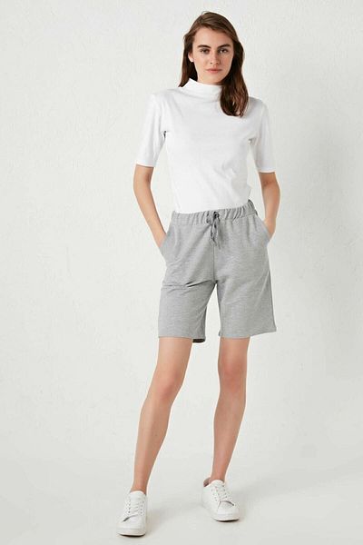 LC Waikiki Women's Gray Bermuda Shorts Basic Elastic Waist Plain Pocket Detailed Cotton from Your Fashion Style