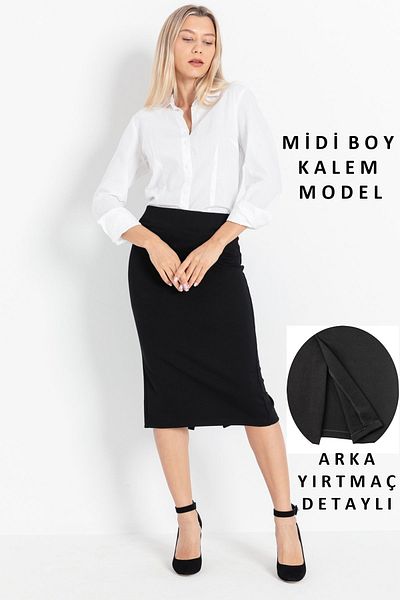 CNRCollection Fustă model creion, neagră, cu talie înaltă, lycra, cu talie elastică, tricotată în spate, cu fantă în spate