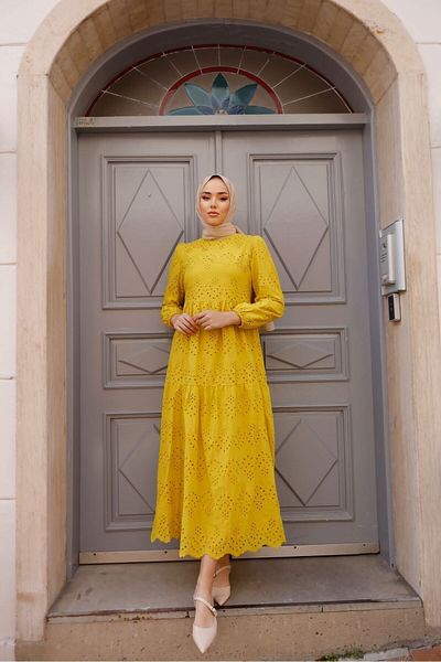 PİNK FLY Mustard Embroidery Lace Scallop Long Women's Dress