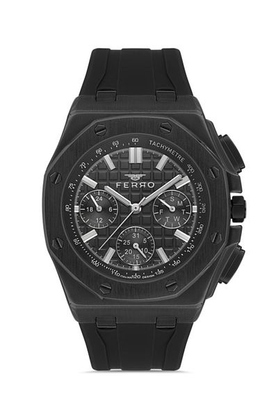 FERRO Black Quartz Silicone 43 mm Men's Wristwatch - Active Functions