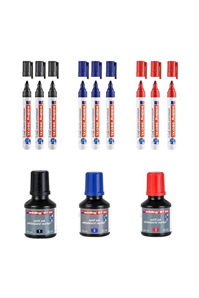 Edding 360 XL Doldurulabilir Beyaz Tahta Kalemi 3 Mavi 3 Kırmızı 3 Siyah+BT30 Tahta Kalemi Mürekkebi