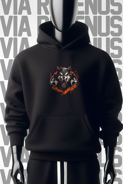 Vordevia Hanorac negru cu glugă cu imprimeu cu 3 fire Wolf - Imprimat față și spate