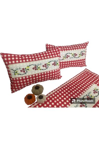 NESLİHAN HOBİ ATÖLYESİ Real Cross Stitch Embroidered Runner Table Cloth and 35x50 Cm 2 Pillow Set