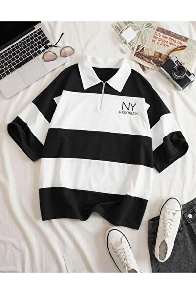 RASCHA Tricou polo oversize cu dungi negre cu imprimeu NY - cu fermoar