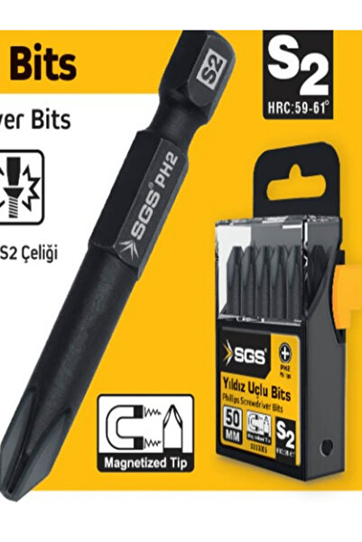 SGS 10 adet Sgs yıldız uçlu bits PH2 50mm S2 Çeliği Mıknatıslı