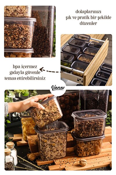 Vienev Set of 15 Peggy Rectangular Storage Containers with White Screen Printing Label 5x(1500-1150-800 Ml) Anthracite