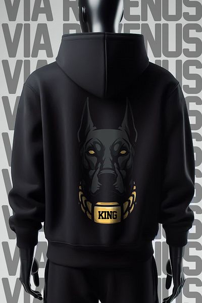 Vordevia King Doberman 3 Thread Printed Wide Fit Black Hooded Sweatshirt