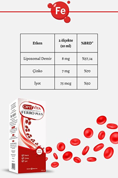 Optivita Ferro Plus Lipozomal Demir, Çinko, İyot 150 ml Çocuklar ve Yetişkinler İçin Takviye Demir Şurup